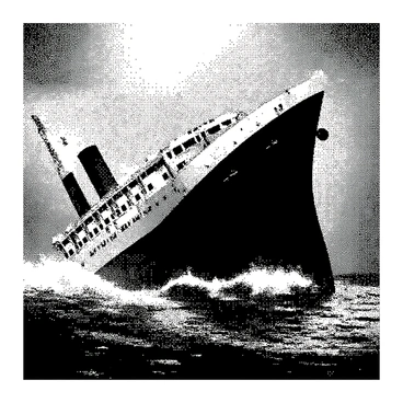 A large ship is tilting dramatically to one side as it sinks into the ocean. The hull of the ship is partially submerged in the water, with waves crashing against its sides. The ship's deck is showing signs of distress, with scattered cargo slipping towards the edge. In the background, the ocean is turbulent, with frothy waves surrounding the sinking vessel. The sky overhead is filled with dark clouds, adding intensity to the scene.