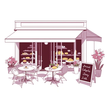 A quaint French bakery cafe with outdoor seating and pastries on display