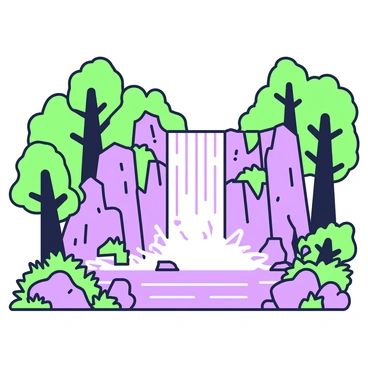 A waterfall cascades down a series of jagged rocks. The water flows powerfully, creating a spray that catches the light. Surrounding the waterfall, there are dense forest trees with thick trunks and a variety of leaves. The trees create a natural frame for the waterfall, emphasizing its height and movement. Rocks of various sizes are scattered at the base of the waterfall, some partially submerged in the water, while others are covered in green moss. Small ferns and shrubs grow around the rocks, adding to the natural setting.