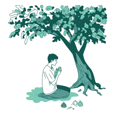 A person is kneeling in prayer on a patch of grass beneath the branches of a large fig tree. The person has their hands clasped together in front of them, and their eyes are closed in concentration. Sunlight filters through the dense leaves of the fig tree, casting dappled shadows on the ground. The tree's gnarled roots are partially exposed, and small, fallen figs are scattered around the base. The scene conveys a sense of peace and reflection.