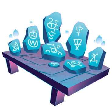 An array of rune stones with intricate carvings and symbols, displayed on a weathered wooden table. Each stone has a unique shape and texture, with some featuring glowing engravings. The setting creates a warm atmosphere, highlighted by the soft light that casts long shadows across the table surface. The shadows stretch out, creating interesting patterns around the stones and emphasizing their mystical nature.