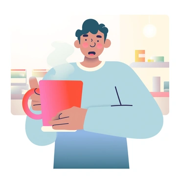 A person with dark hair and a light blue shirt is standing while holding a coffee cup that is nearly as tall as their torso. The coffee cup is bright red with a white handle, and steam is gently rising from the top, indicating that the coffee is hot. The person's expression shows a blend of surprise and amusement. In the background, a softly blurred café interior can be seen with warm lighting and wooden furniture, creating a cozy atmosphere.