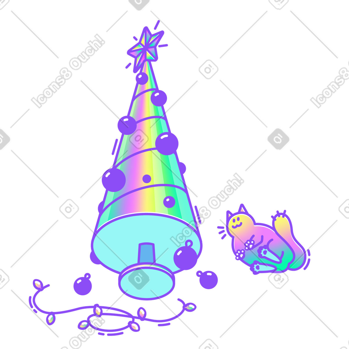 Ilustração de Decorating a Christmas tree with cat nearby, Holiday chaos pets em no estilo Holographic para baixar em PNG, SVG