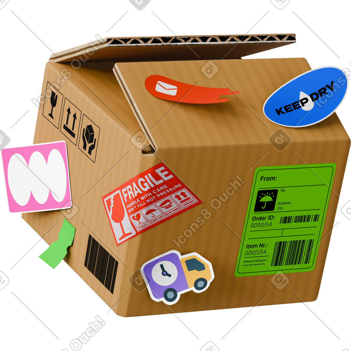 Box with stickers animated illustration in 3D Stickle style download in GIF, Lottie (JSON), AE