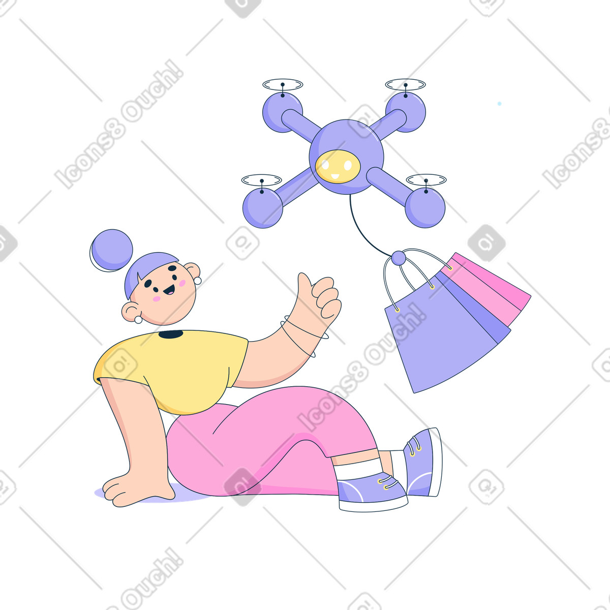 Ilustração de Drone entrega mercadorias encomendadas para mulher sentada em no estilo Bubble gum baixar em PNG, SVG