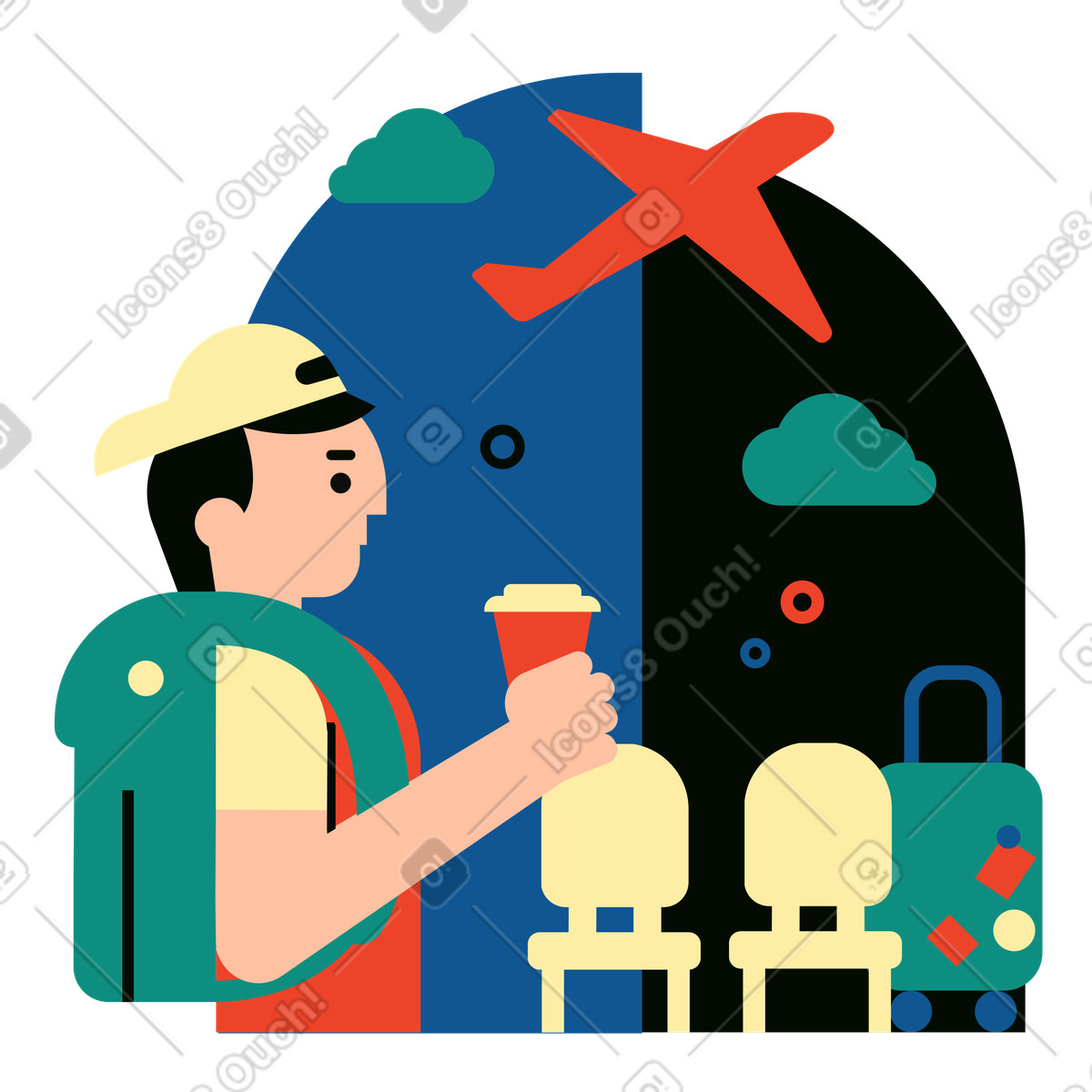 Traveler with backpack and coffee at airport waiting area, Air travel and transit illustration in Polar style download in PNG, SVG