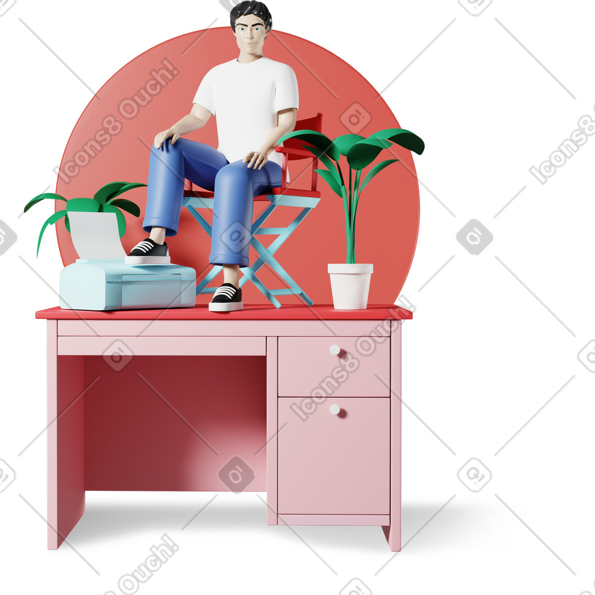 Man sitting at a desk illustration featuring a printer in office clipart GIF