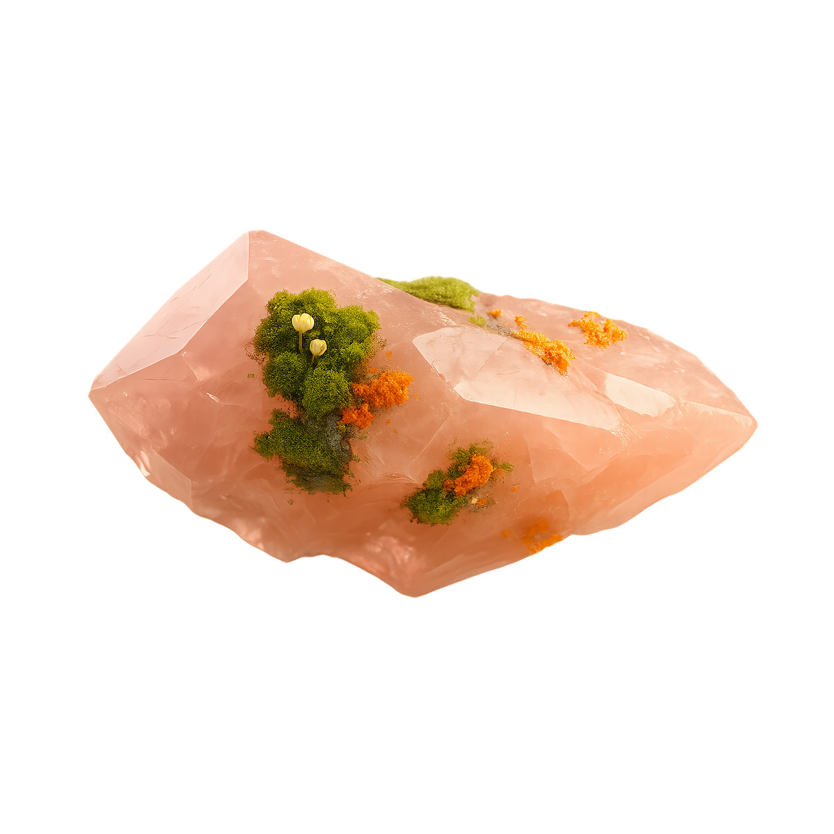 下载 Biomorphic 风格的 Pink rose quartz crystal with moss, Nature-inspired mineral decor 插画，支持 PNG、SVG 格式
