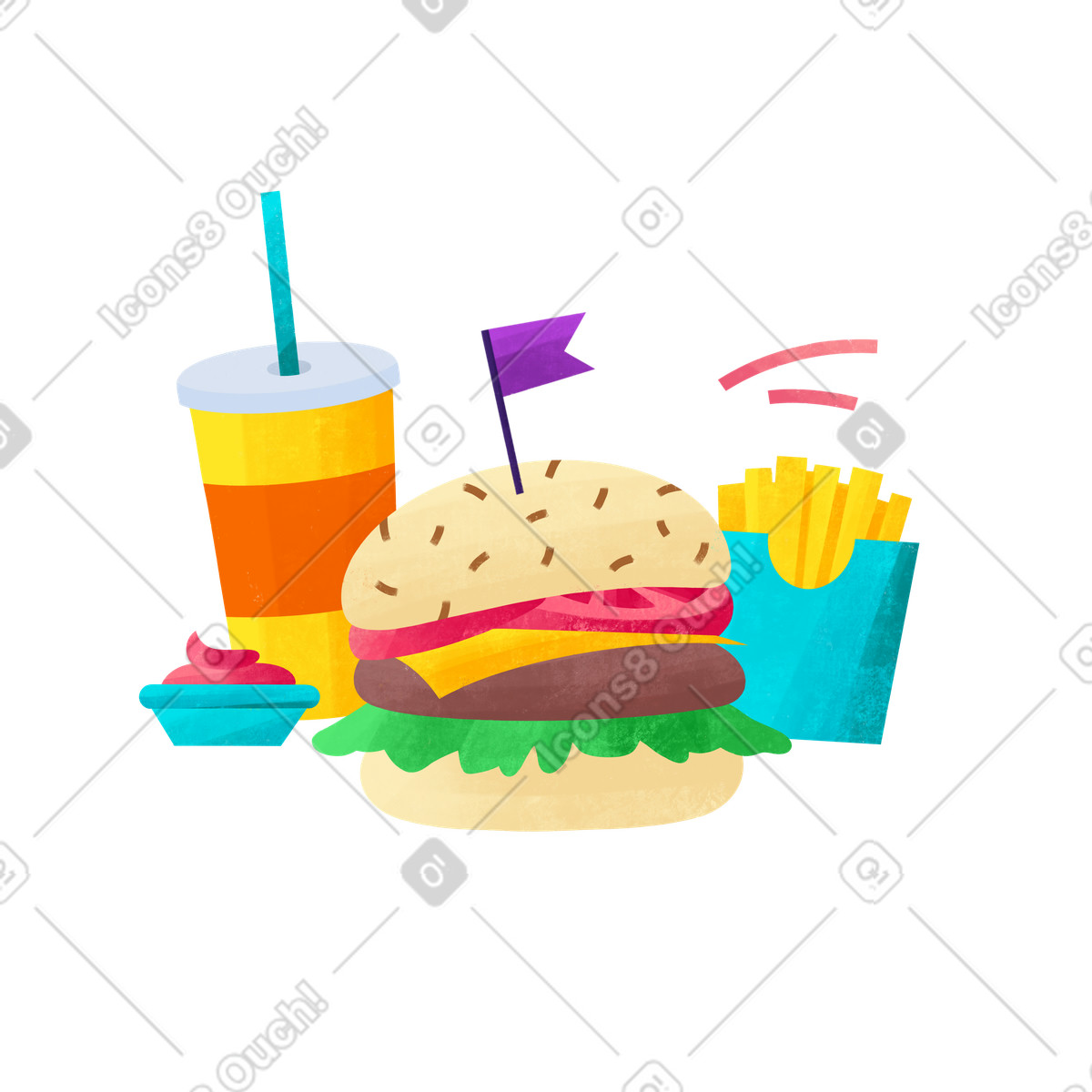 Fast-food-combo-set: pommes, burger, sauce und limonade-Illustration im Bonbon-Stil als Download in PNG, SVG