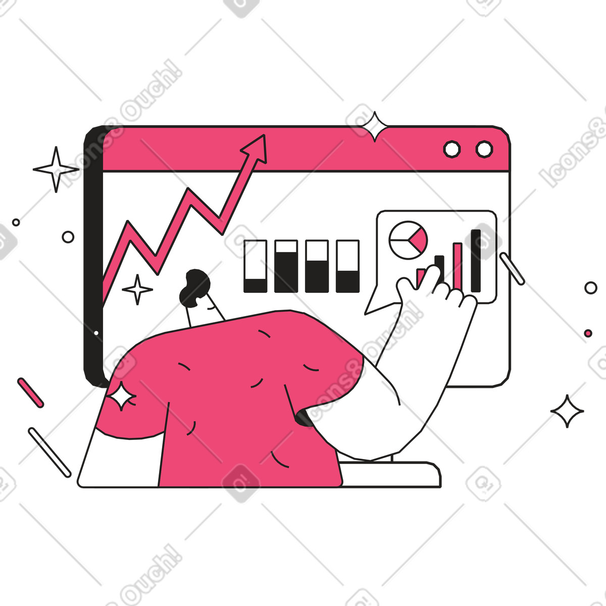 Review of growth statistics on computer, data analytics for business insights illustration in Dazzle Line style download in PNG, SVG