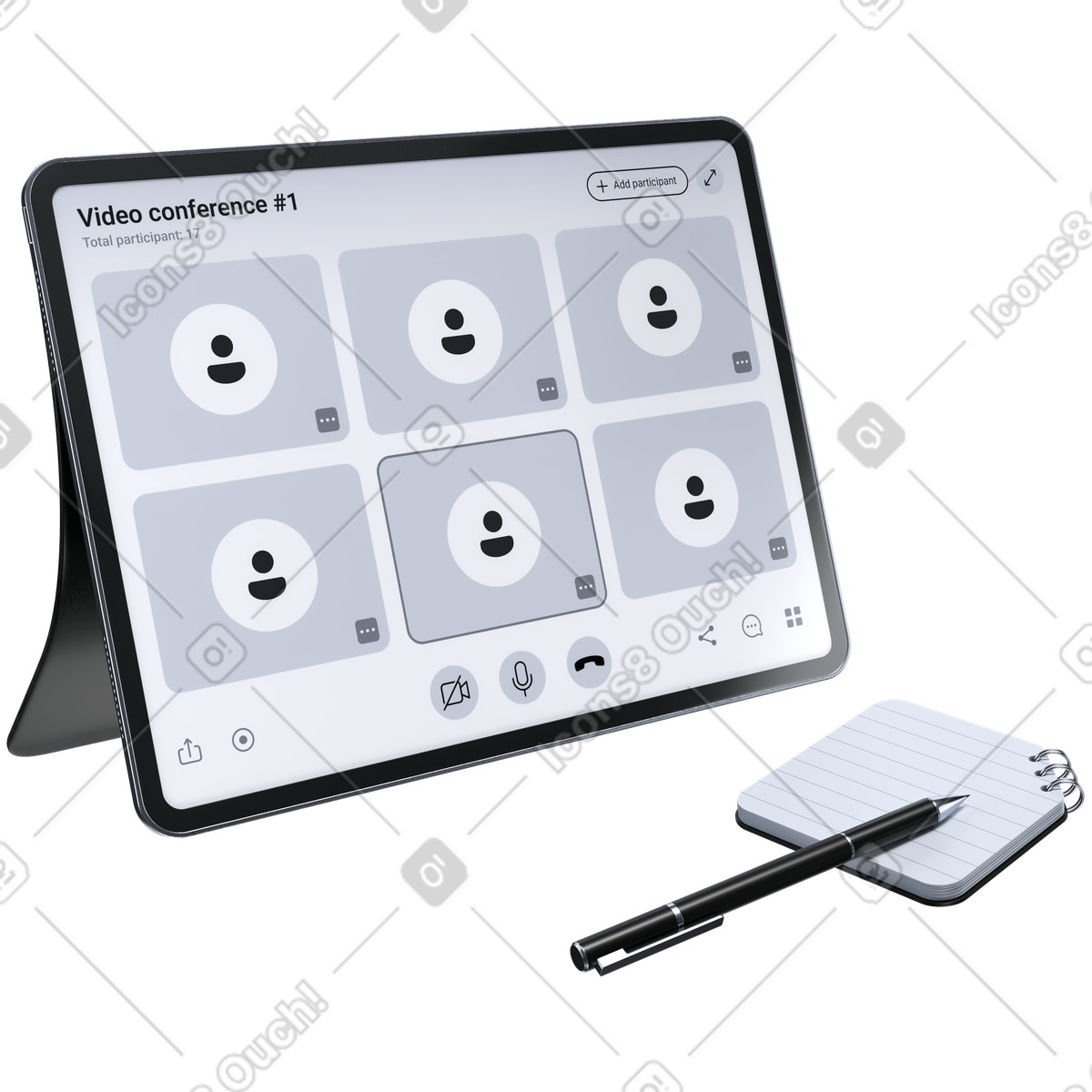 Video call dashboard, corporate online meeting, remote work communication system illustration in 3D Pro style download in PNG, SVG