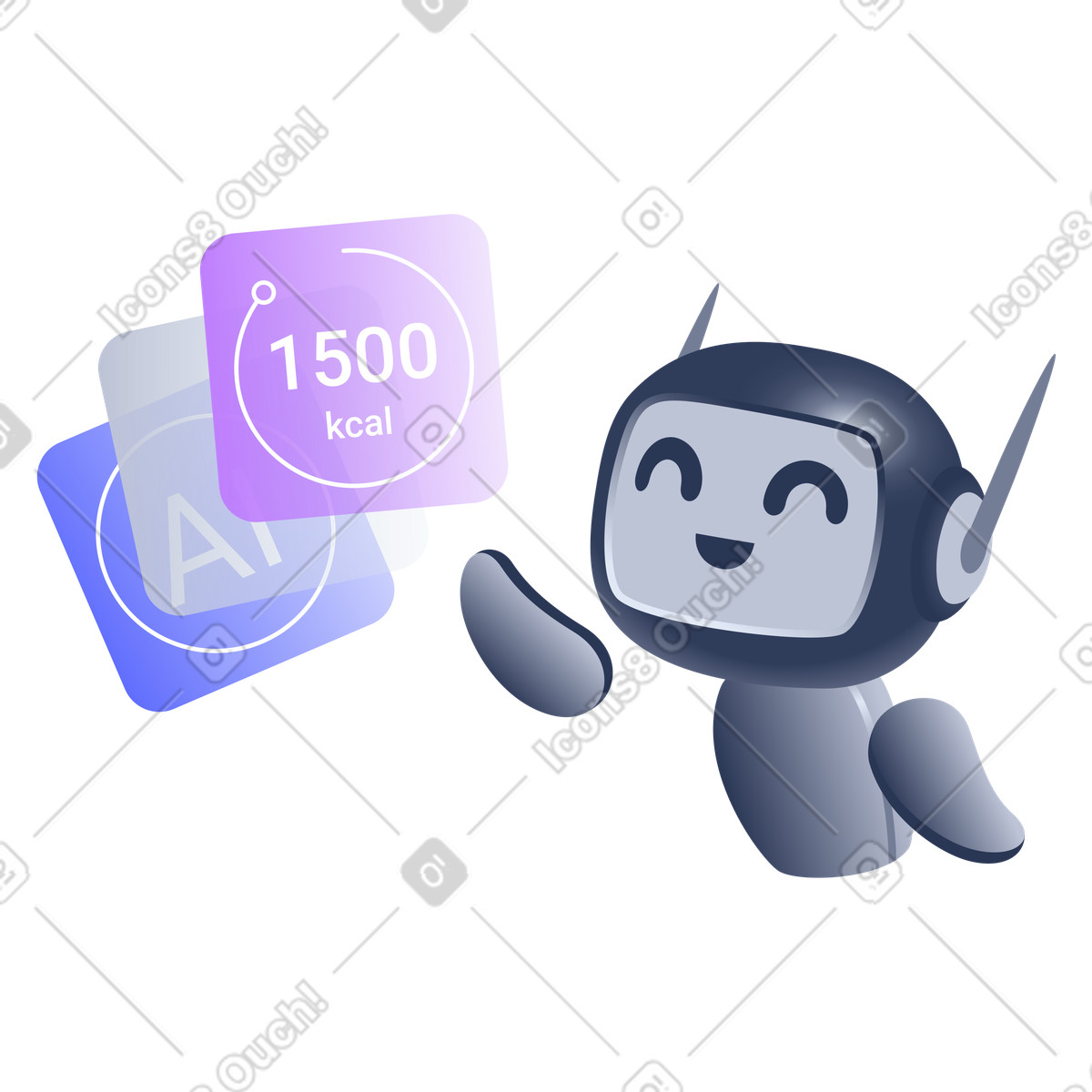 Smiling AI bot with calorie data card, Nutrition tracking and management illustration in Lucent style download in PNG, SVG