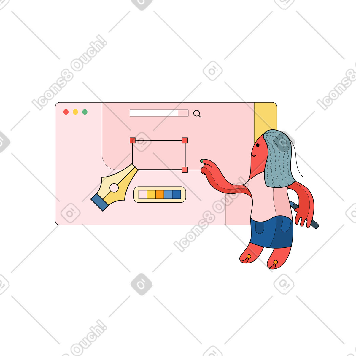 Female designer with red skin creating website illustration in Surr style download in PNG, SVG