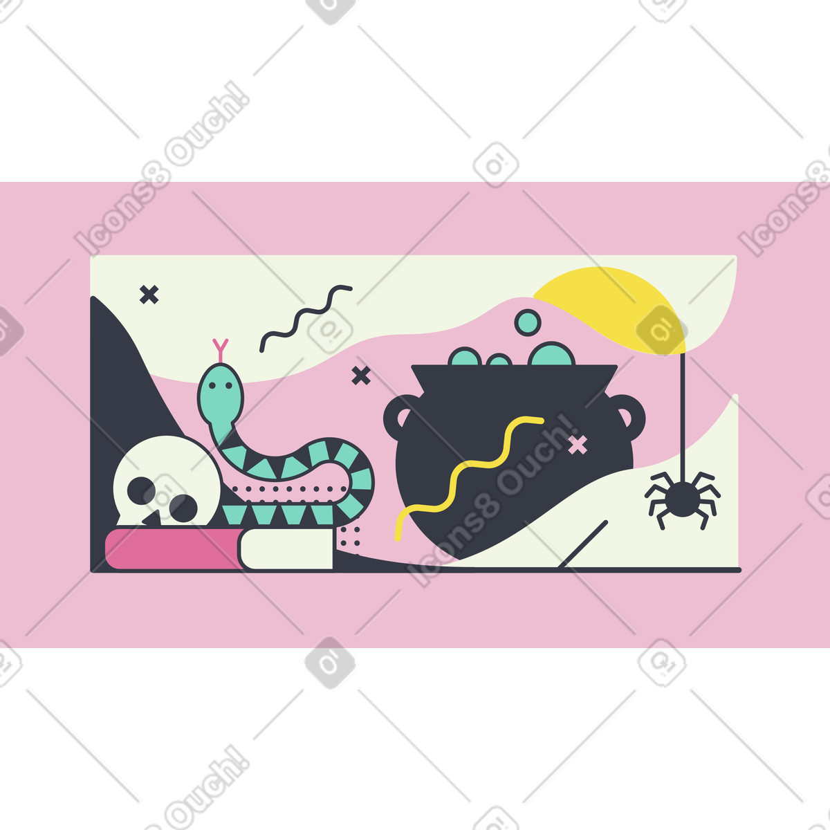 Illustration Potion magique dans un chaudron, crâne avec serpent et araignée le style Abstract à télécharger aux formats PNG, SVG