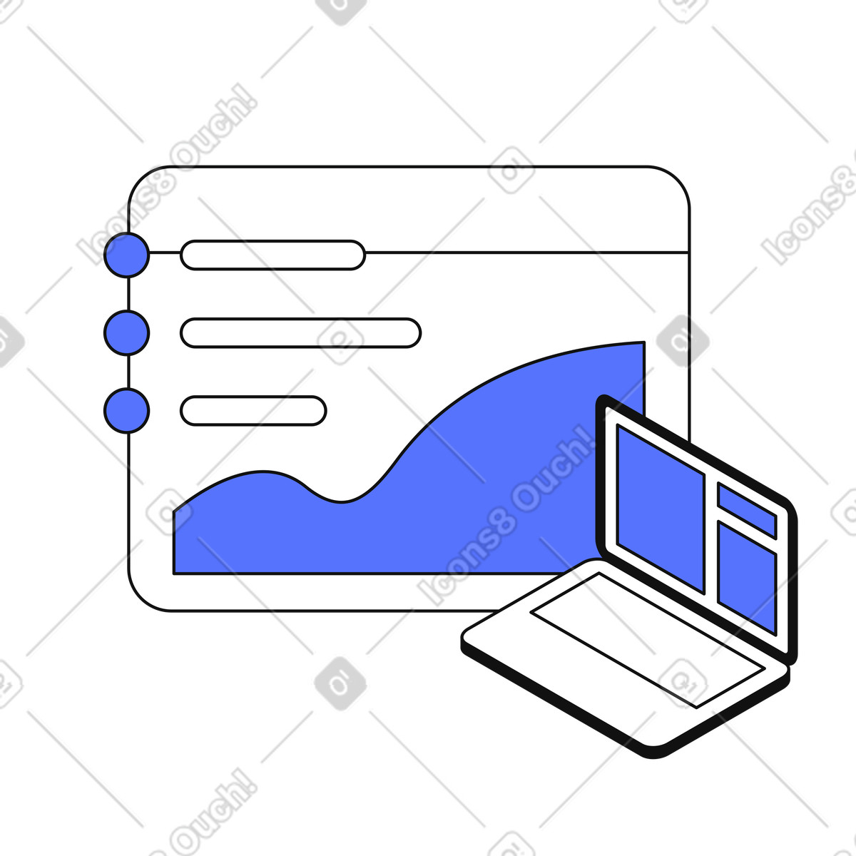 Иллюстрация Analytics dashboard on laptop displaying growth chart and interface panels в стиле Main — скачать в форматах PNG, SVG