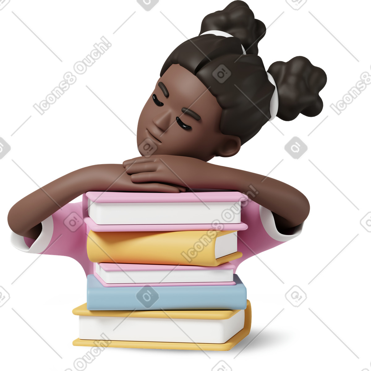 Student napping on stack of books, study fatigue and academic burnout illustration in 3D Casual life style download in PNG, SVG