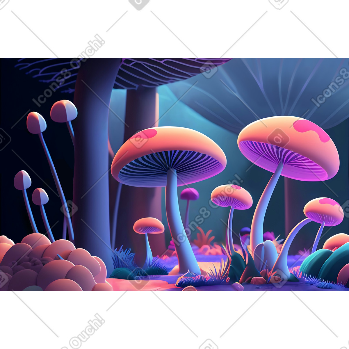 下载 Experimental 风格的 3d动画片森林与蘑菇 插画，支持 PNG、SVG 格式