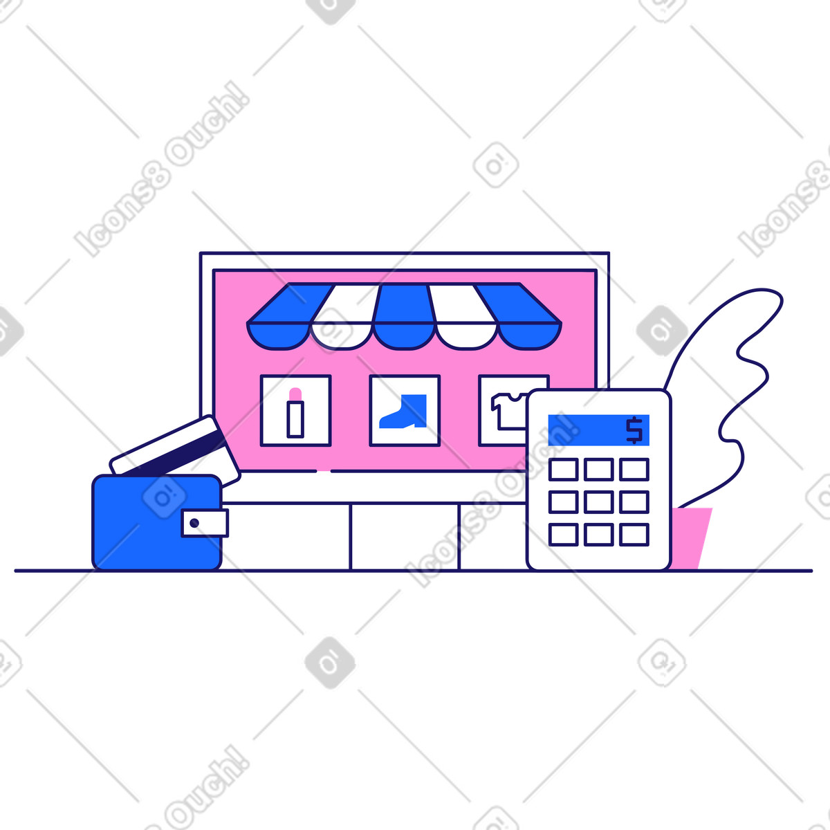 Ilustración Desktop screen with online shop interface and calculator, E-commerce digital payments en estilo Matey a descargar en PNG y SVG