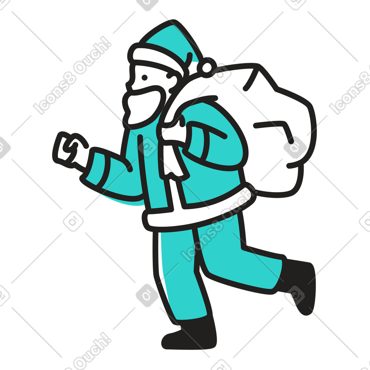 Babbo natale corre con un sacco di regali illustrazione in stile Little scarica in PNG, SVG