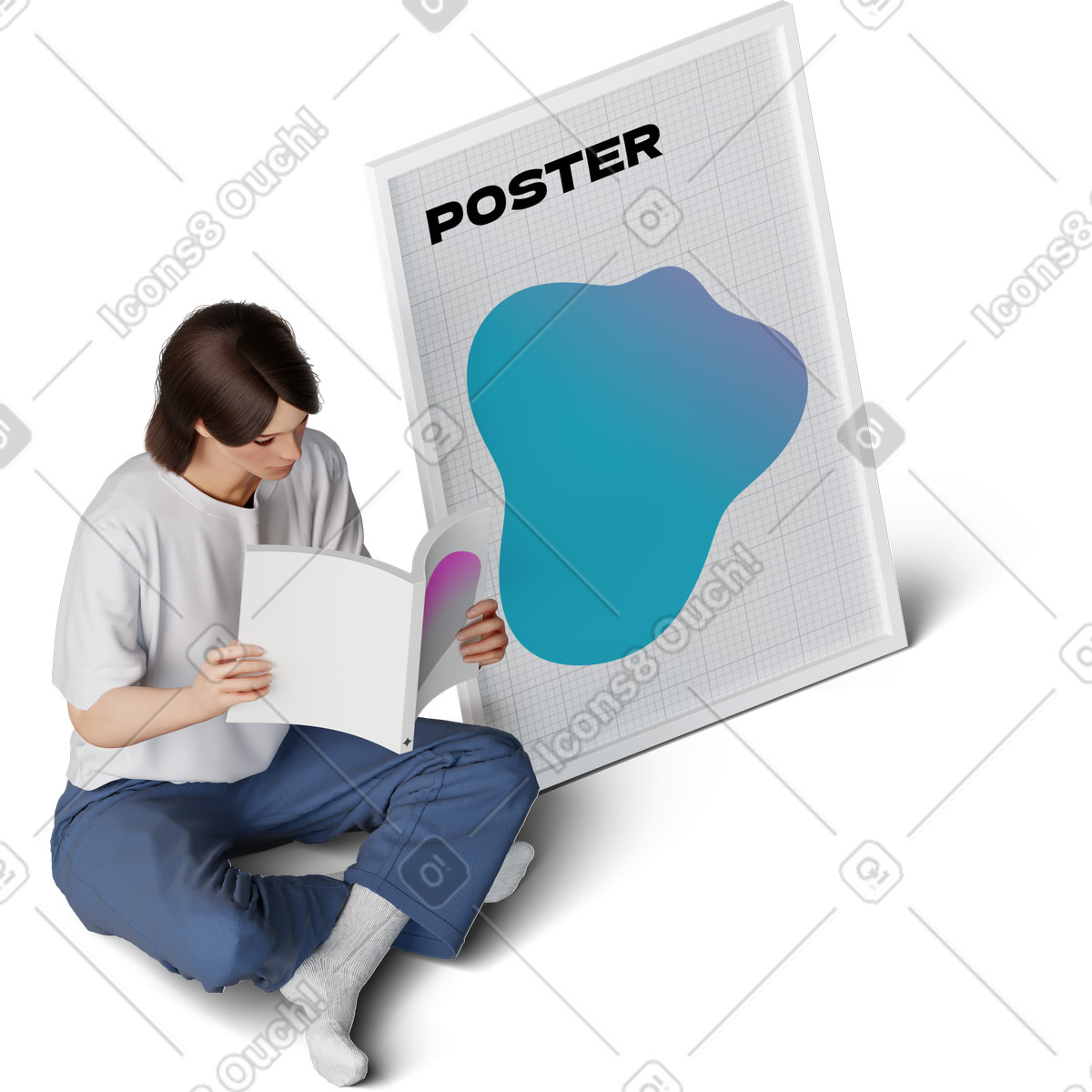 Illustration Isometric view of young woman sitting near the poster and reading book dans le style 3D Hygge à télécharger aux formats PNG, SVG