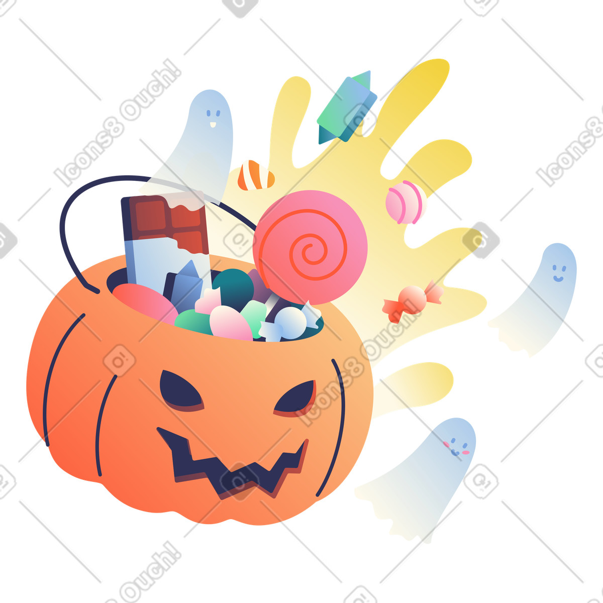 Illustration Seau de bonbons d'halloween avec fantômes, friandises fête dans le style Beam à télécharger aux formats PNG, SVG