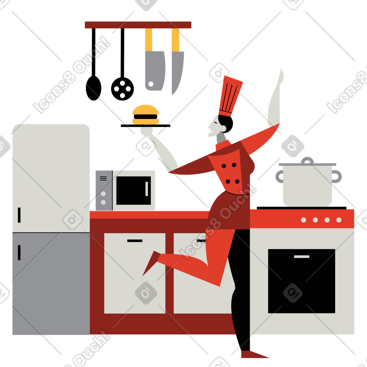 Illustration Femme cuisinant un burger dans la cuisine le style Burgundy à télécharger aux formats PNG, SVG