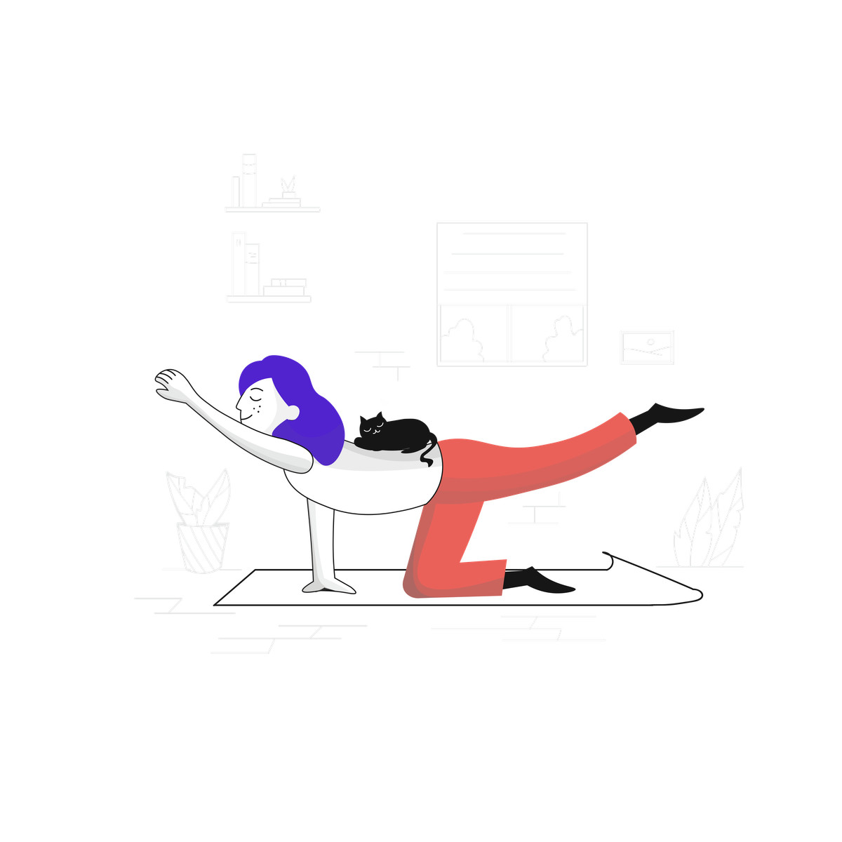 Ilustración Bird dog yoga pose with cat, home fitness or exercise routine en estilo Pixeltrue a descargar en PNG y SVG