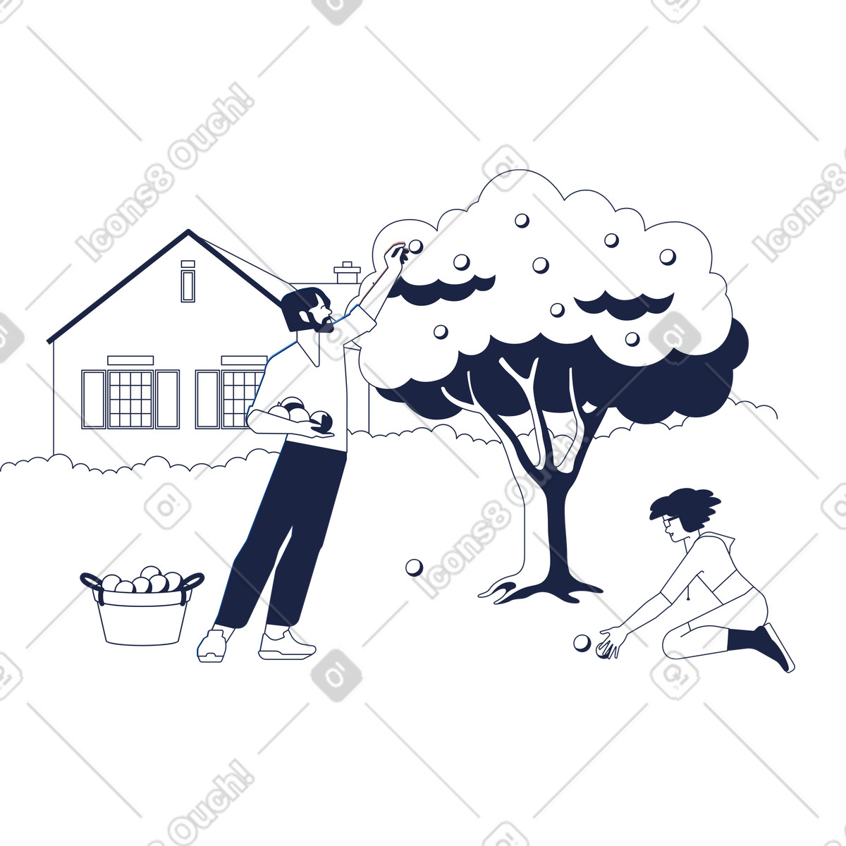 下载 Urban Line 风格的 Family members harvesting apples together, Farming activity and rural lifestyle 插画，支持 PNG、SVG 格式