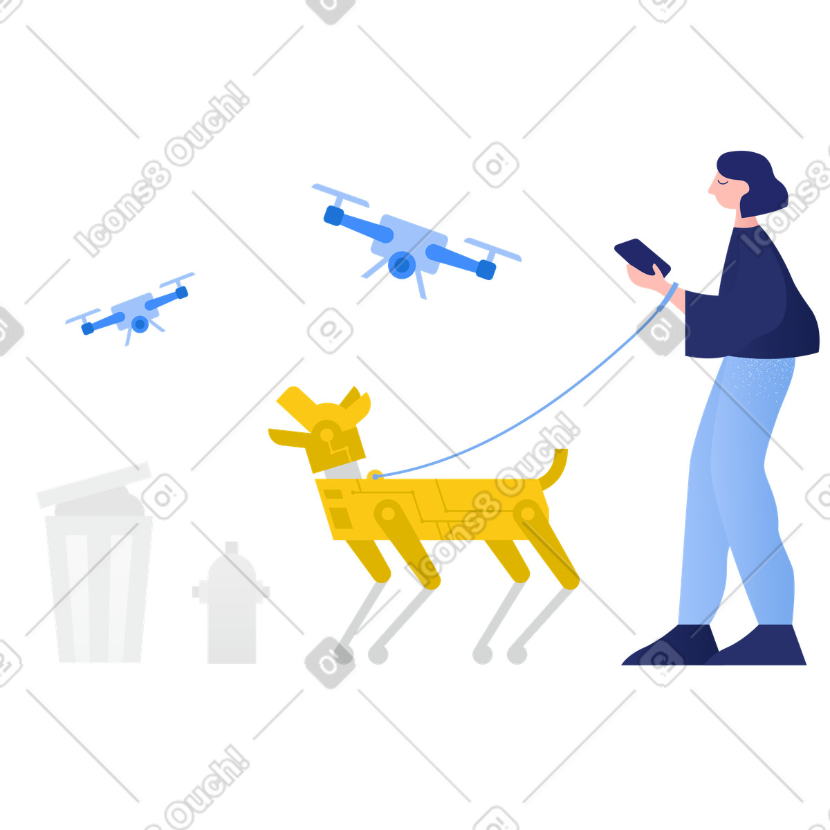 Donna che cammina cane robot in città futuristica illustrazione stile Clip scarica PNG, SVG
