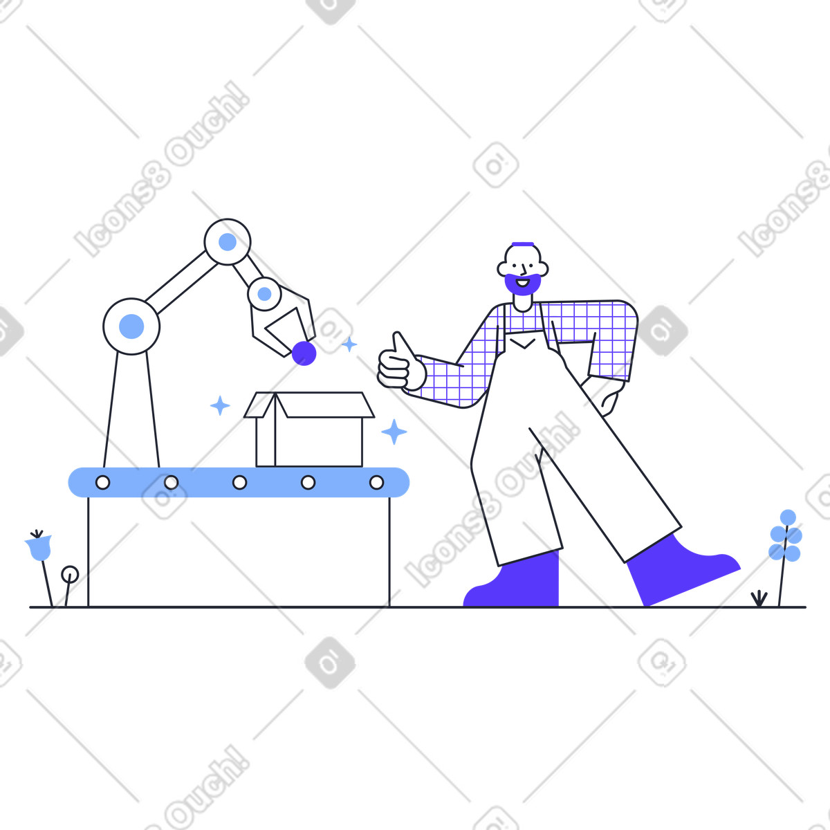 Operaio di fabbrica che approva l'automazione degli imballaggi illustrazione in stile Pablita scarica in PNG, SVG