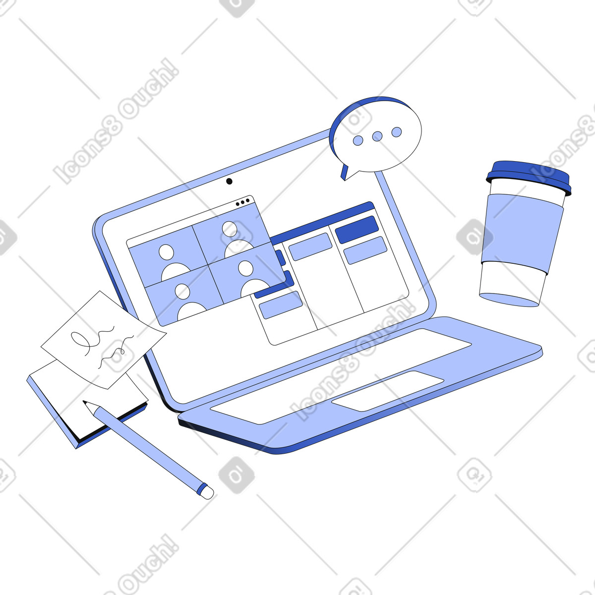 Illustration Workflow avec tableau kanban et appel en ligne dans le style Techny à télécharger aux formats PNG, SVG