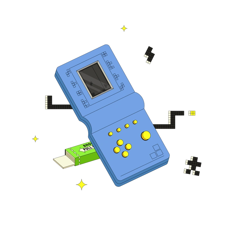 A handheld gaming device with pixelated elements - Retro style illustration