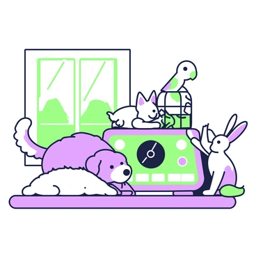 A group of pets is lounging around an old-fashioned radio placed on a wooden floor. In the foreground, a fluffy dog with a wagging tail is resting its head on a soft cushion, while a curious cat is perched on top of the radio, playfully swatting at the knobs. To the right, a rabbit is nibbling on some hay, with its ears perked up. In the background, a colorful parrot is sitting in a small cage, observing the scene with bright eyes. Sunlight streams in through a nearby window, casting soft shadows across the room, enhancing the peaceful ambiance.