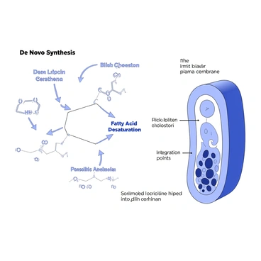 A detailed illustration of lipid synthesis pathways is depicted. In the center, there are two distinct pathways labeled "De Novo Synthesis" and "Fatty Acid Desaturation." Arrows connect various enzymes and metabolites involved in the processes. Surrounding the pathways, there are representations of key lipids being synthesized, such as phospholipids and cholesterol, each labeled clearly. To the side, the plasma membrane is illustrated, showing the arrangement of lipid bilayer with embedded proteins and cholesterol. Integration points are marked, indicating how the synthesized lipids are incorporated into the membrane structure.