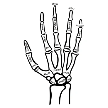 A detailed illustration of a human hand showing the skeletal structure. Each bone is labeled clearly, including the phalanges, metacarpals, and carpals. The bones are depicted in accurate proportions and positioned to display how they connect to one another. The palm is open, revealing the intricate arrangement of the bones, while the fingers are slightly curved to illustrate their natural positioning.