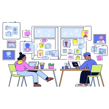 A spacious 3D animation studio filled with various colorful sketches pinned to the walls. In the center, two artists are sitting at their desks, each working intently on their computers. One artist has a light green chair and is using a tablet with a stylus, while the other has a wooden desk and is typing on a laptop. The room is well-lit, with large windows allowing natural light to flood in, illuminating the sketches and artwork scattered around the studio. Various art supplies, such as markers and sketchpads, are arranged neatly on the tables.