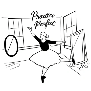 A woman with platinum blonde hair is practicing ballet moves in a spacious rehearsal studio. She is wearing a classic black leotard and a flowing white skirt, with her arms gracefully extended as she performs a pirouette. Large mirrors line one wall, reflecting her movements. Wooden ballet barres are positioned along the other walls, and the floor is covered with polished wood. Light streaming in through tall windows adds depth to the scene. The words "Practice Makes Perfect" are displayed in elegant script above her.