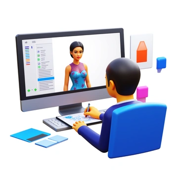 A computer screen displaying a 3D fashion avatar in progress. The avatar has a sleek, modern design with intricate clothing details, including vibrant colors and textures. The artist is focused on the screen, using a stylus on a graphic tablet. Various digital tools and menus are visible around the avatar, showing options for customization. The workspace is organized, with sketches and fabric samples nearby for reference. Bright lighting illuminates the computer setup, highlighting the creativity of the scene.