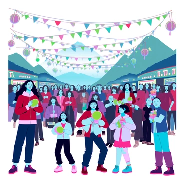 A vibrant festival scene in Pahalgam filled with a joyful crowd. There are colorful decorations such as streamers, banners, and lanterns hanging above. People of diverse backgrounds are dressed in traditional attire, smiling and interacting with one another. In the foreground, a group of children is playing with bright balloons and enjoying colorful snacks from food stalls. The atmosphere is lively, with music notes visible in the air, and the surrounding landscape features green hills and blue skies, enhancing the festive feel.