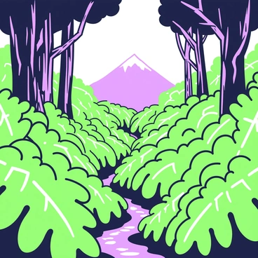 A deep forest gully is filled with large, prehistoric-looking ferns that spread their broad leaves. The ferns are vibrant and lush, creating a dense green carpet covering the ground. Towering trees with thick trunks surround the gully, their branches reaching upwards and casting dappled shadows. A small stream meanders through the ferns, its water glistening in the filtered light. In the background, the silhouette of a distant mountain range can be seen, framed by the treetops.