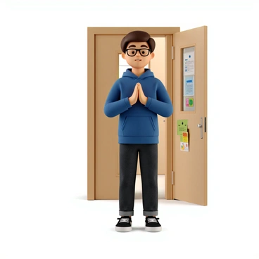 A student with short brown hair and glasses is standing outside a classroom door. They are wearing a blue hoodie and dark jeans. The student is standing with their feet shoulder-width apart, hands resting on their thighs. Their eyes are closed as they take deep breaths, with a focused expression on their face. The classroom door is wooden, with a small window at the top, and colorful posters are visible on the walls nearby. A bright light is illuminating the scene, creating a calm atmosphere before the test.