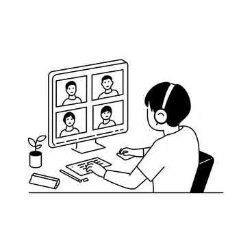 A person sitting at a desk, facing a computer screen. The individual has short hair and is wearing a casual shirt. They are focused on the screen, which displays video images of three colleagues in separate frames. A headset rests over their ears, and their left hand is on the mouse while their right hand is positioned near the keyboard. Various office supplies, including a notebook and a pen, are scattered on the desk. A small plant sits in the corner of the desk, adding a touch of life to the workspace.