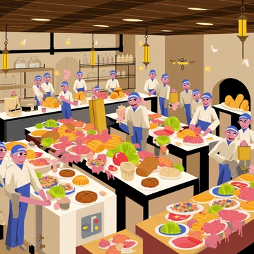 The Hogwarts kitchen is filled with activity, showcasing a large room with wooden beams and a high ceiling. Numerous house-elves of various sizes and shapes are busy preparing a grand feast. Some house-elves are stirring large cauldrons filled with colorful dishes, while others are chopping vegetables on wooden tables. A big oven is visible in the background, with loaves of golden bread baking inside. Platters overflowing with roasted meats, fresh fruits, and vibrant salads are being arranged on long banquet tables. The walls are adorned with shelves holding jars of ingredients, and the air is filled with the delicious aroma of food being cooked. Brightly lit lanterns hang from the ceiling, casting a warm glow over the bustling scene.