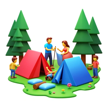 A family setting up two camping tents in a forest glade. The tents are bright red and blue, contrasting with the green foliage around them. The family consists of four members: a father, a mother, a son, and a daughter. The father is holding a tent pole, while the mother is securing a tent stake into the ground. The son is unfolding a sleeping bag, and the daughter is gathering firewood nearby. Tall trees surround the glade, with patches of sunlight filtering through the leaves. There are small wildflowers growing at the base of the trees, adding splashes of color to the scene.