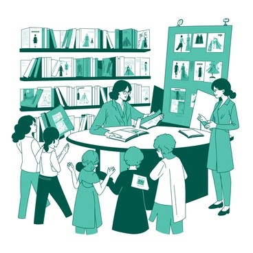 A teal fashion illustrator is sitting at a sleek white table, surrounded by an array of colorful fashion sketches displayed on the table. The illustrator is wearing a fashionable outfit that showcases their unique style, complete with accessories. Behind them, shelves filled with various fashion books create a vibrant background. A small crowd of admirers stands in front of the table, eagerly waiting for their turn to receive signed copies of the illustrator's book. The event is lively, with people chatting and applauding as the illustrator interacts with their fans.