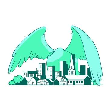A pair of teal ethereal wings is gently enfolding a white cityscape. The wings are large and translucent, creating a protective arch over the buildings below. The city features various architectural styles, and includes tall skyscrapers and quaint houses, all bathed in soft light. The wings wrap around the structures as if sheltering them, evoking a sense of watchfulness and safety over the urban environment.