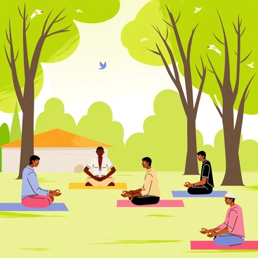 A view of "Sabarmati Ashram" featuring a lush green area filled with tall trees providing ample shade. Several individuals are seated cross-legged on colorful mats beneath the trees, engaged in "meditation." Some people have their eyes closed, while others wear serene expressions. Sunlight filters through the leaves, casting soft shadows on the ground. In the background, there is a simple building with a thatched roof, and a few birds are perched on branches overhead, adding to the tranquil atmosphere.