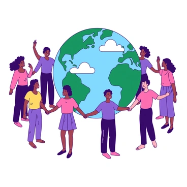 A group of diverse individuals of various ethnicities and ages are standing hand in hand, forming a circle around a large blue globe. Each person is wearing bright clothing, reflecting different cultures and styles. The globe is detailed with green continents and white clouds, making it visually impactful. The individuals display expressions of joy and unity, emphasizing the theme of kindness. Some are raising their free hands in celebration, while others are gently smiling at one another.