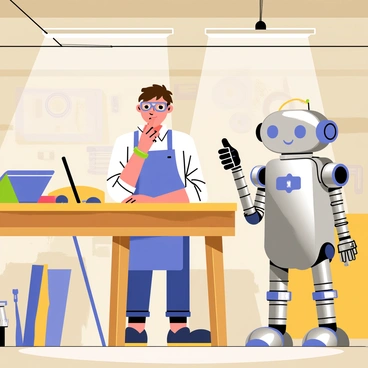 A young inventor with short brown hair is focused on a wooden workbench in a cluttered garage. The garage is filled with various tools, including wrenches, screwdrivers, and gears scattered around. The inventor is wearing safety goggles and a blue apron. Next to the workbench, there is a friendly-looking robot prototype with a shiny silver body and large, expressive eyes. The robot has arms made of flexible tubing and is giving a thumbs-up. Bright overhead lights illuminate the scene, highlighting the inventor's concentration on their project.