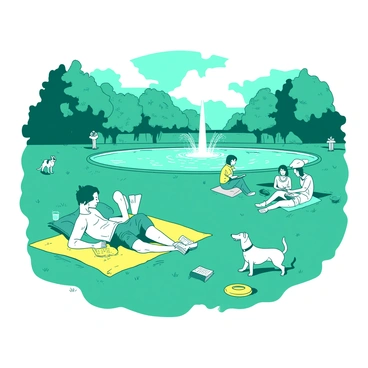 A teal park scene in Tiergarten Park features several people lounging on the grass under the sun. A couple is lying on a yellow picnic blanket, enjoying a book together. Nearby, a group of friends sits around a yellow frisbee and engages in lively conversation. In the background, a teal fountain splashes gently, surrounded by trees that provide shade. A dog runs playfully through the grass, adding to the lively atmosphere of the park.